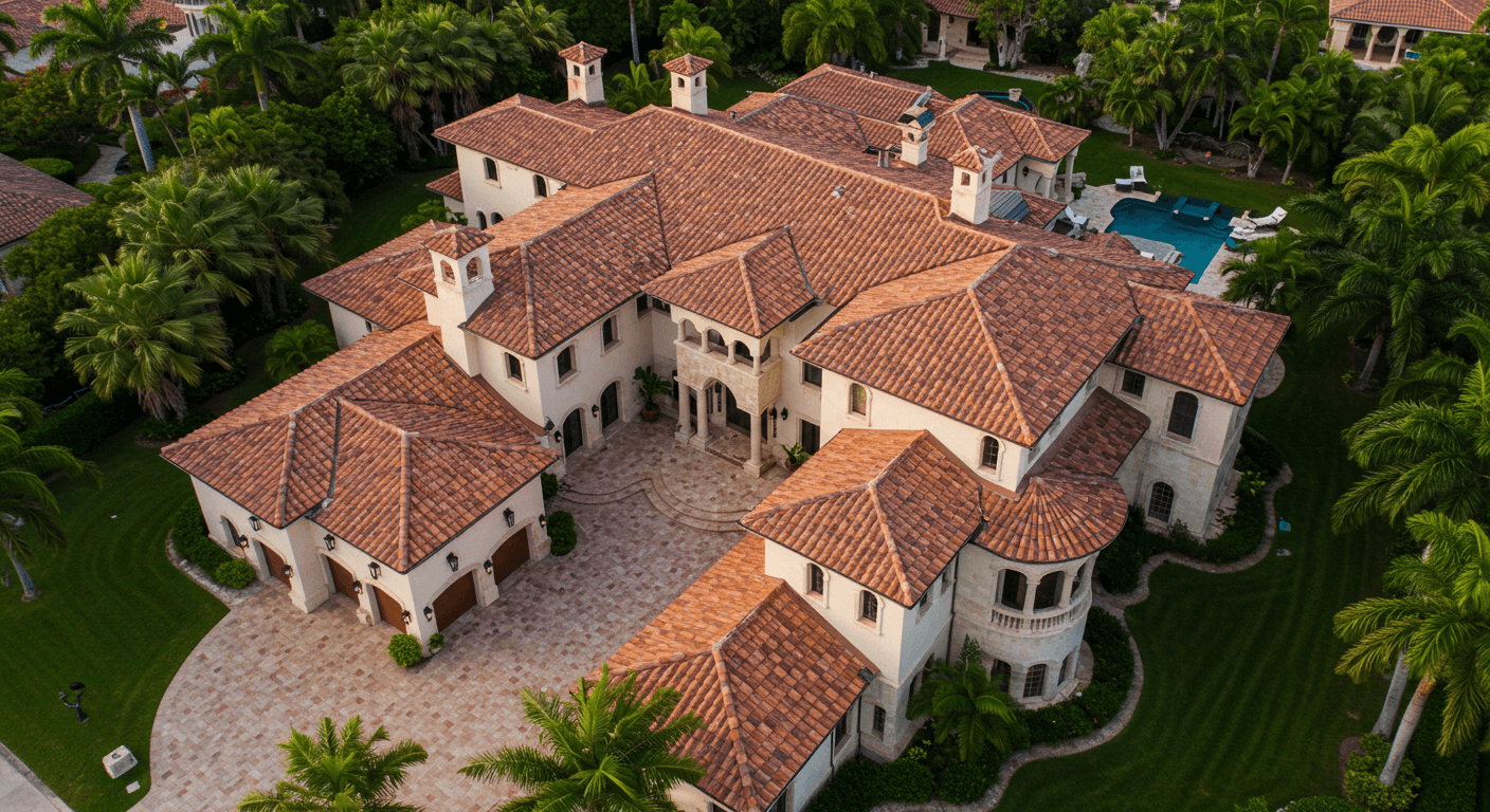 Barrel tile roof aerial view — Coral Gables estate