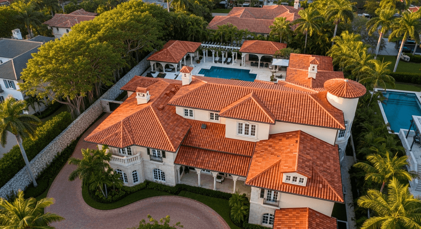 Full barrel tile re-roof on Coral Gables estate — aerial view