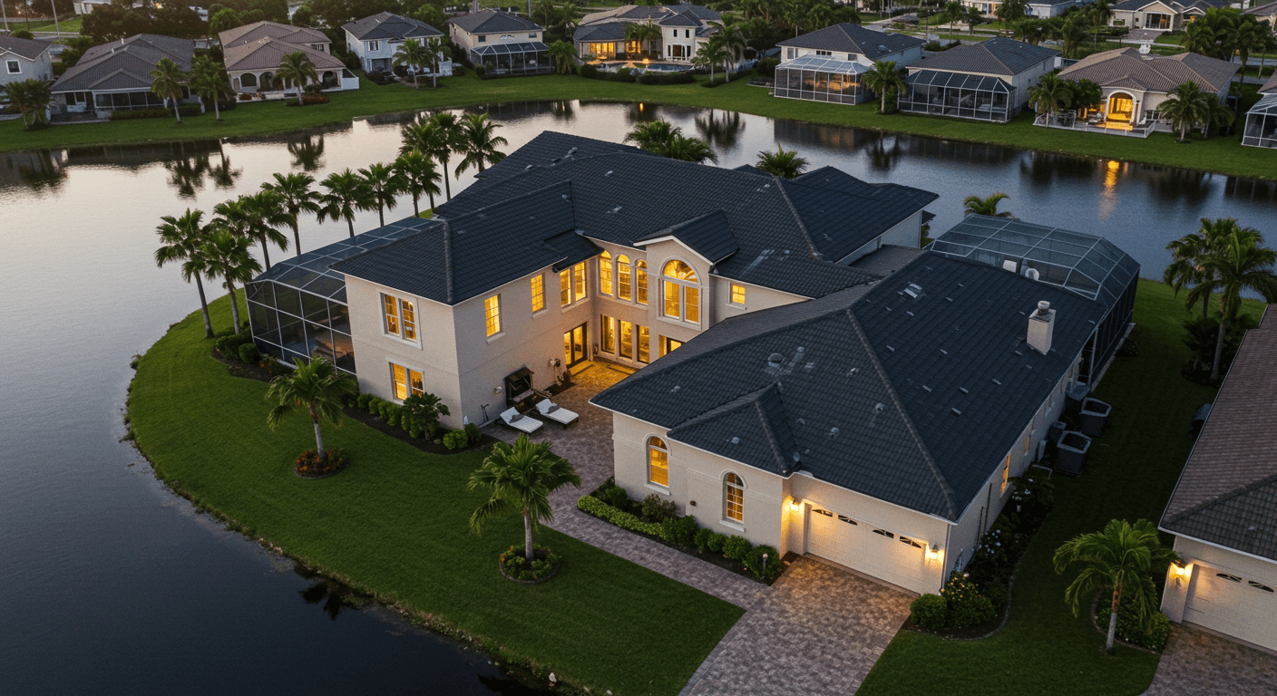 Twilight aerial of completed waterfront re-roof — Weston