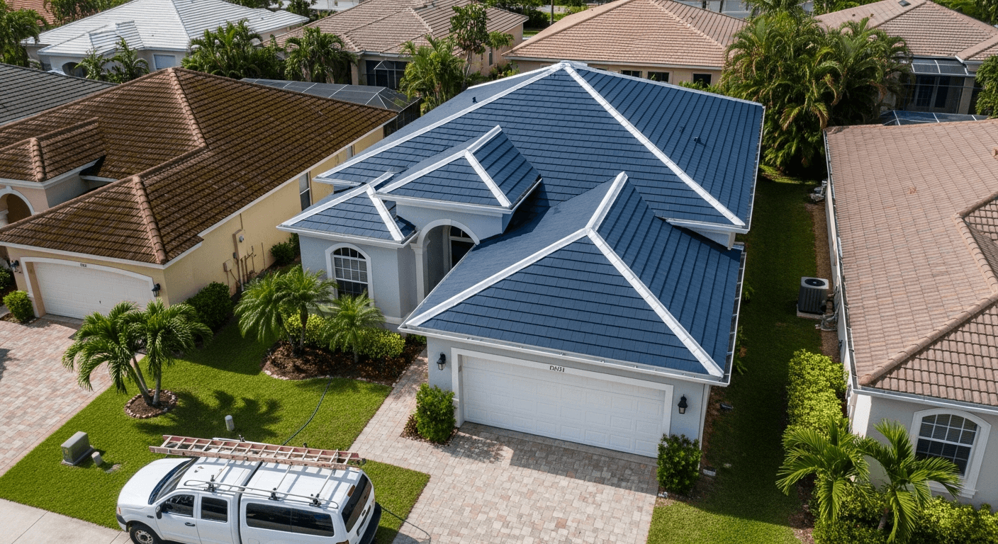Complete metal re-roof after emergency repair — Kendall