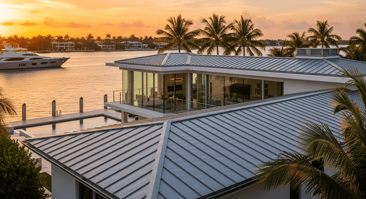 Modern standing seam metal roof at sunset — Star Island waterfront