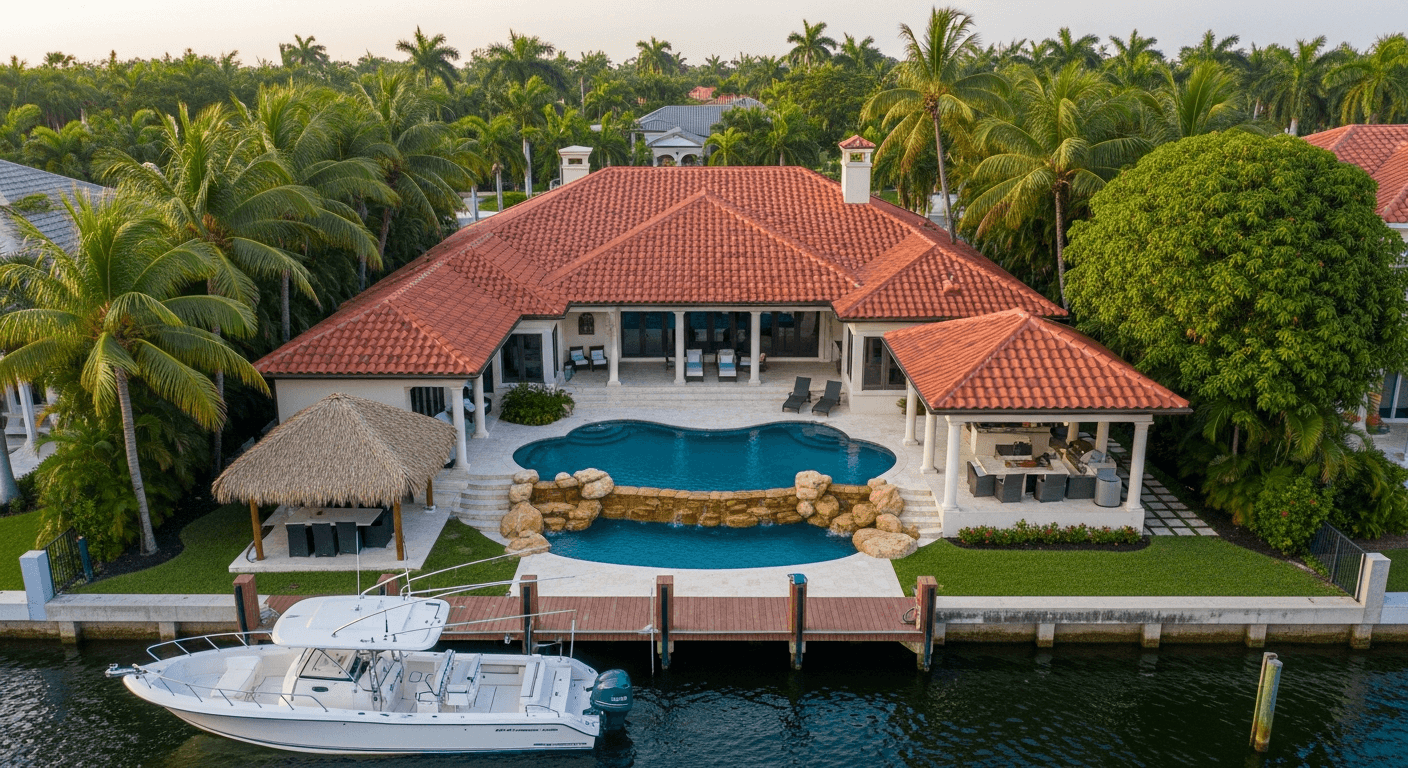 Waterfront estate with barrel tile roof — Gables Estates