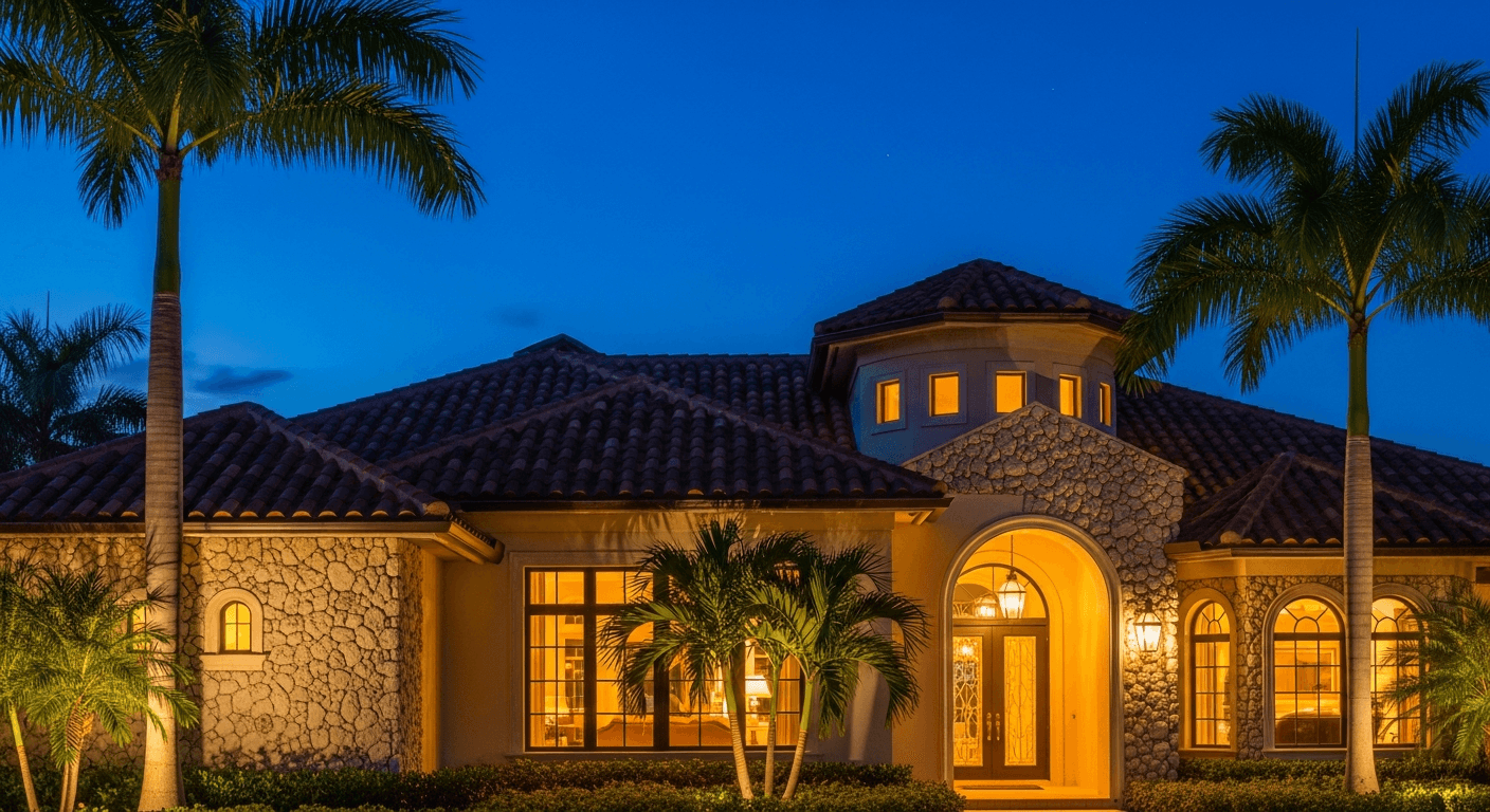 Luxury estate at twilight with barrel tile roof — Pinecrest