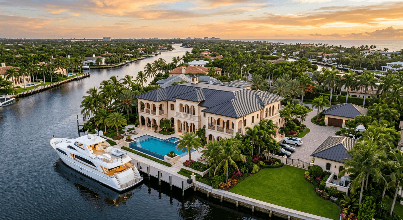 Dark bronze standing seam metal roof — Mediterranean waterfront estate