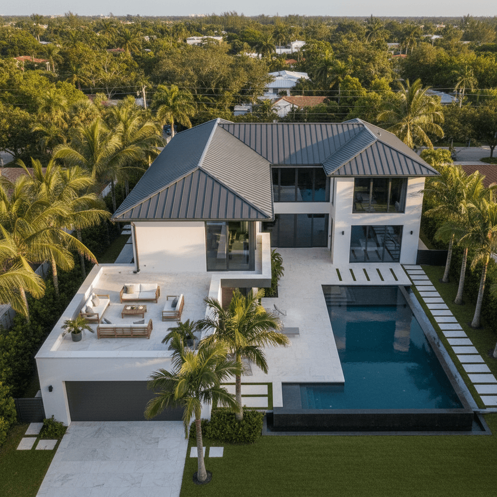 Charcoal standing seam metal roof on modern home — Miami Beach