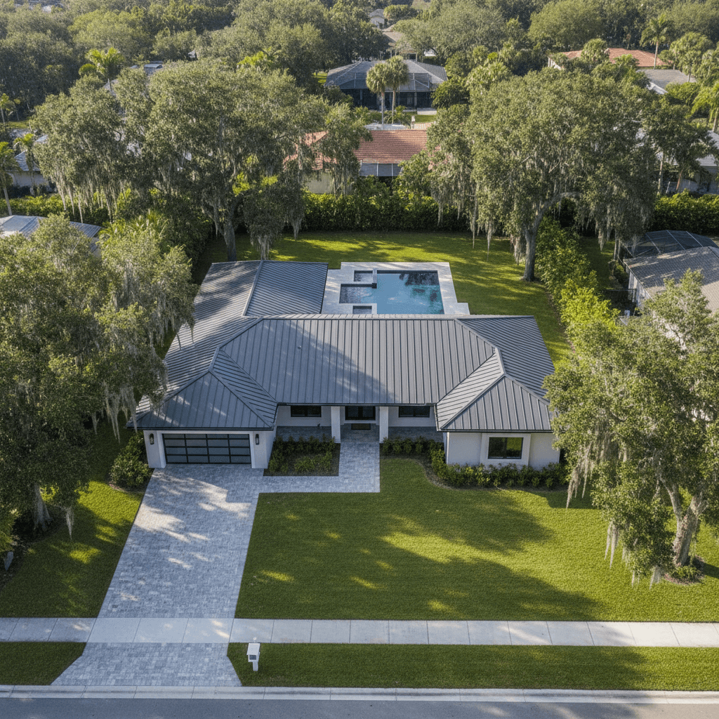 Modern standing seam metal roof estate — Palmetto Bay