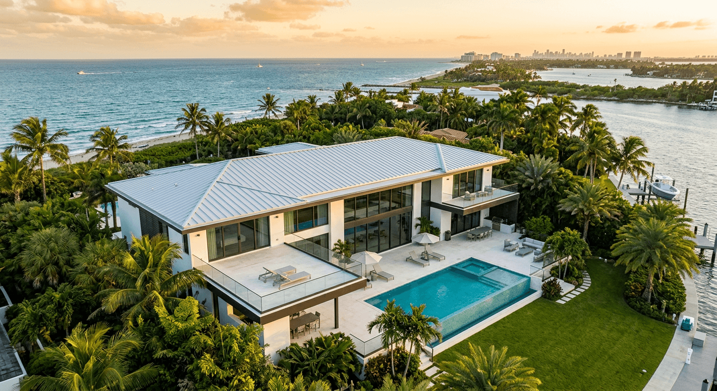 Silver standing seam metal roof aerial — luxury waterfront estate